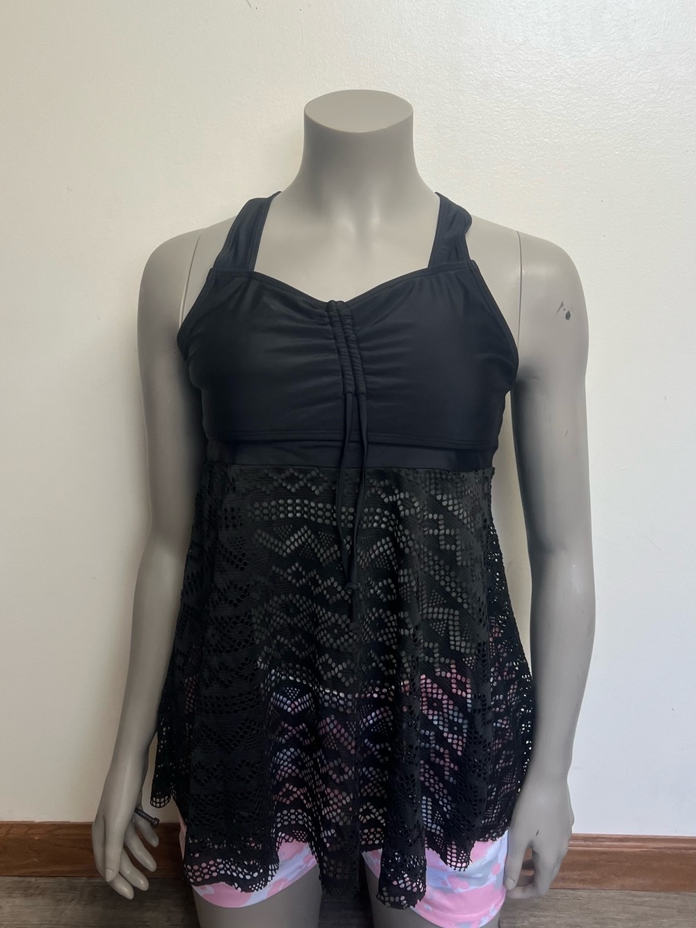 Black Lace-Overlay Women's Swim Coverup with Built-In Tankini